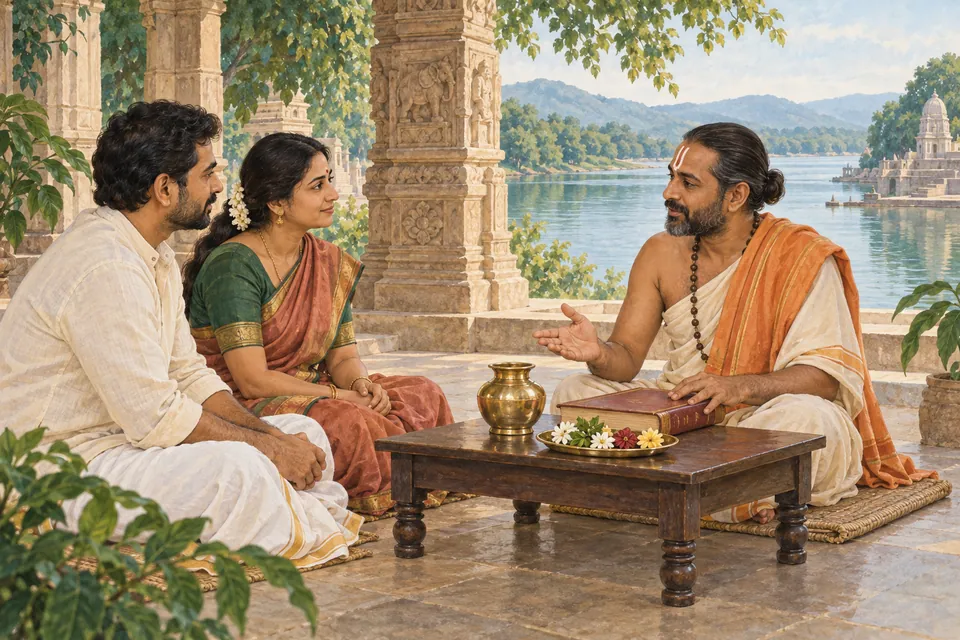 నదీతీర ఆలయ మండపంలో పురోహితునితో విధి వివరాలు చర్చిస్తున్న భక్తుల భావచిత్రం.